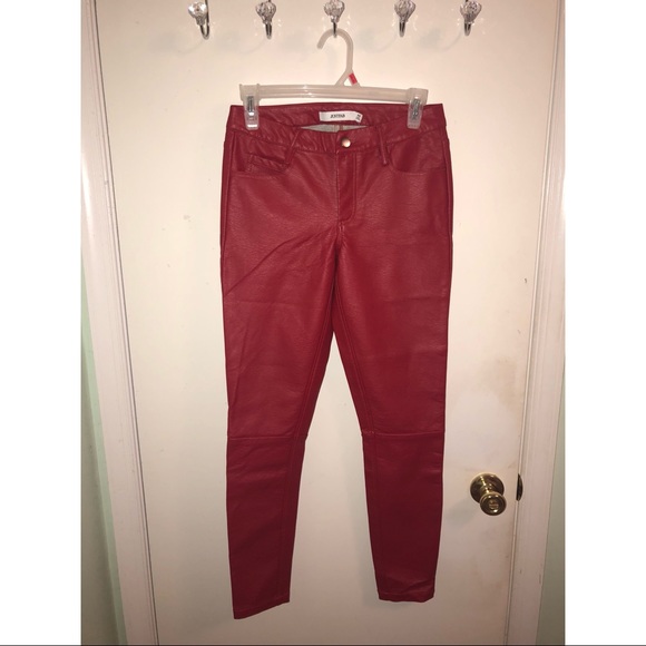 red pleather pants